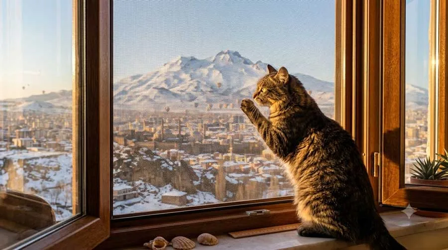 Balkon sinekliğinde pençesiyle tüle dokunan kedi — güçlendirilmiş polyester tül